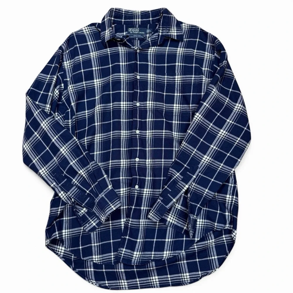 Polo by Ralph Lauren L Plaid Marlowe Wool Blend Blue Plaid Long Sleeve Shirt